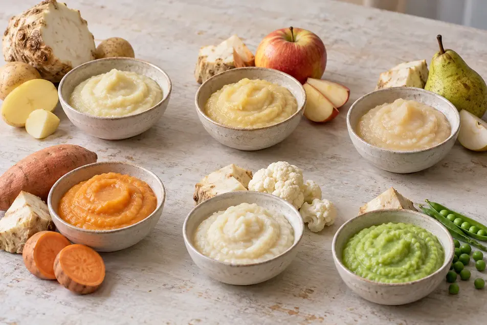 Six celery root puree for baby combinations with potato, apple, pear, sweet potato, cauliflower and peas.