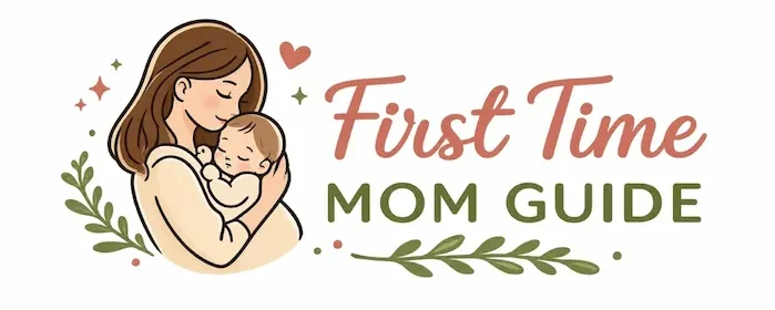 First Time Mom Guide logo featuring a loving mother holding her newborn baby, representing parenting tips, baby care and motherhood guidance.
