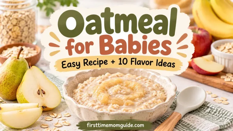 Oatmeal for babies with an easy recipe and 10 flavor ideas, featuring creamy pear oatmeal, fresh fruit, rolled oats, and a baby spoon.