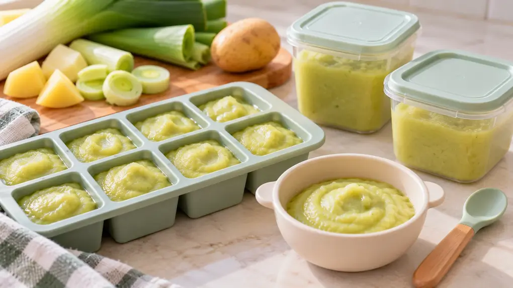 Leek puree for baby portioned into a freezer tray and storage containers, with a fresh serving ready for an easy homemade baby food meal.