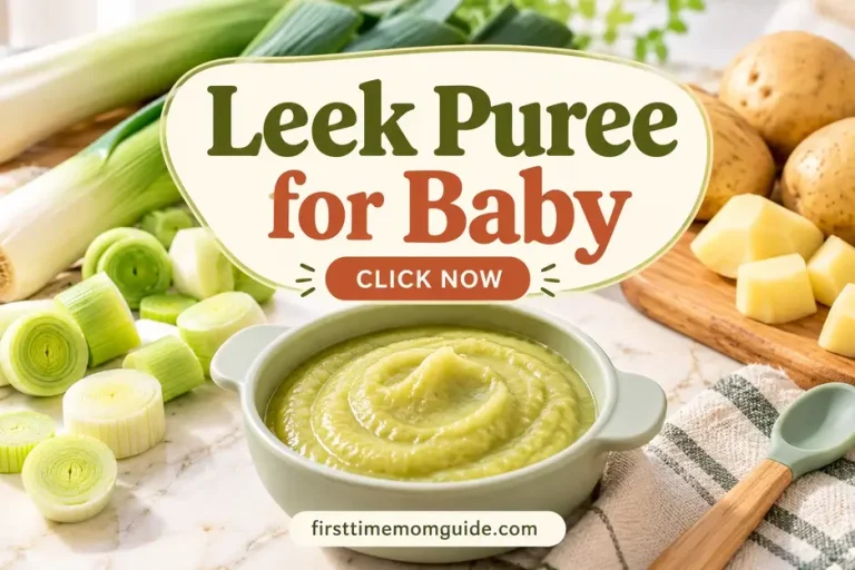 Leek puree for baby in a bowl with fresh leeks and potato, featuring an easy homemade baby food recipe for 6+ months.