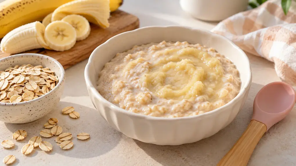 Creamy oatmeal for babies topped with mashed banana in a ceramic bowl, served with a baby spoon, fresh banana, and rolled oats.
