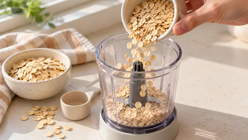 Adult hand pouring rolled oats into a blender to prepare homemade oatmeal for babies, with a measuring cup on a kitchen counter.