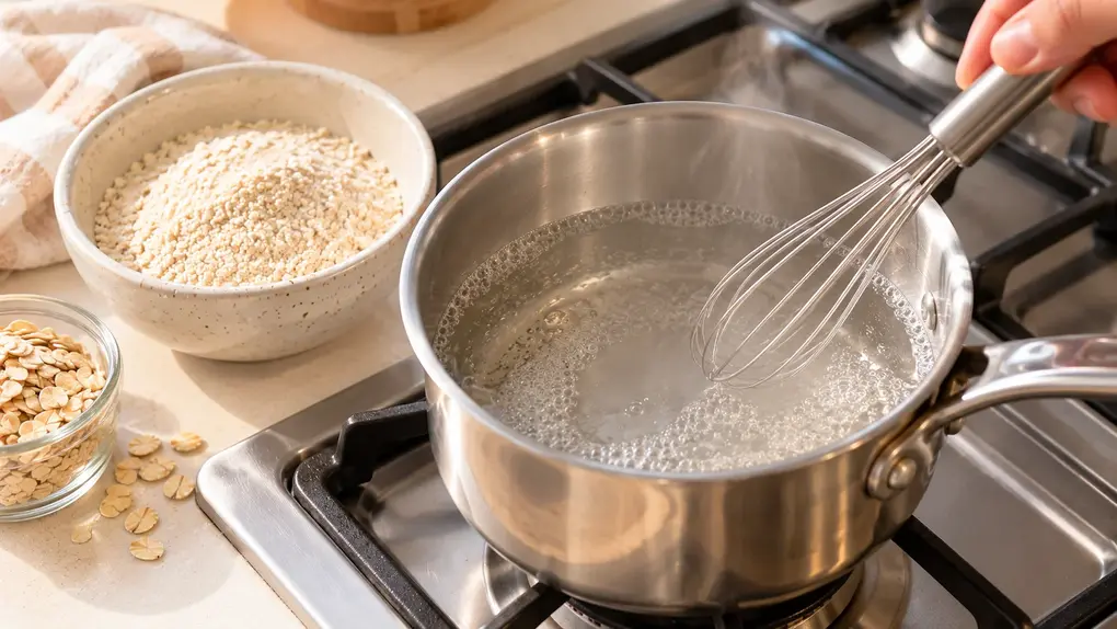 Stainless steel saucepan with gently simmering water and a whisk, ready for adding ground oats to make homemade oatmeal for babies.