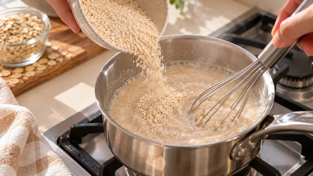 Adult hands whisking ground oats into simmering water in a saucepan to make creamy homemade oatmeal for babies, with a soft porridge texture.