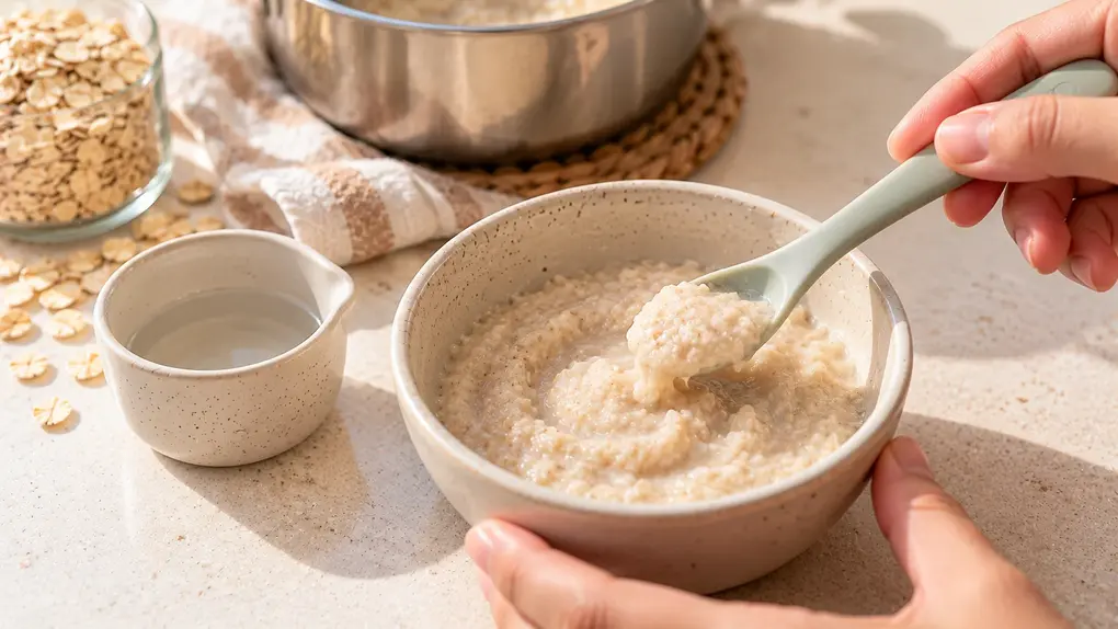 Adult hand lifting creamy homemade oatmeal for babies with a silicone spoon, showing the soft texture in a ceramic bowl beside water.
