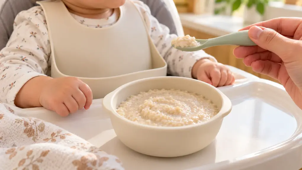 Baby seated upright in a high chair being offered homemade oatmeal for babies with a soft silicone spoon, served in a cream ceramic bowl.