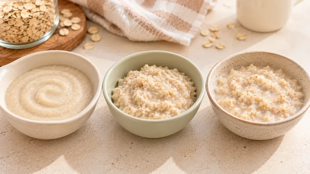 Three bowls showing smooth, thick, and soft textured oatmeal for babies at different feeding stages, from first solids to toddler porridge.