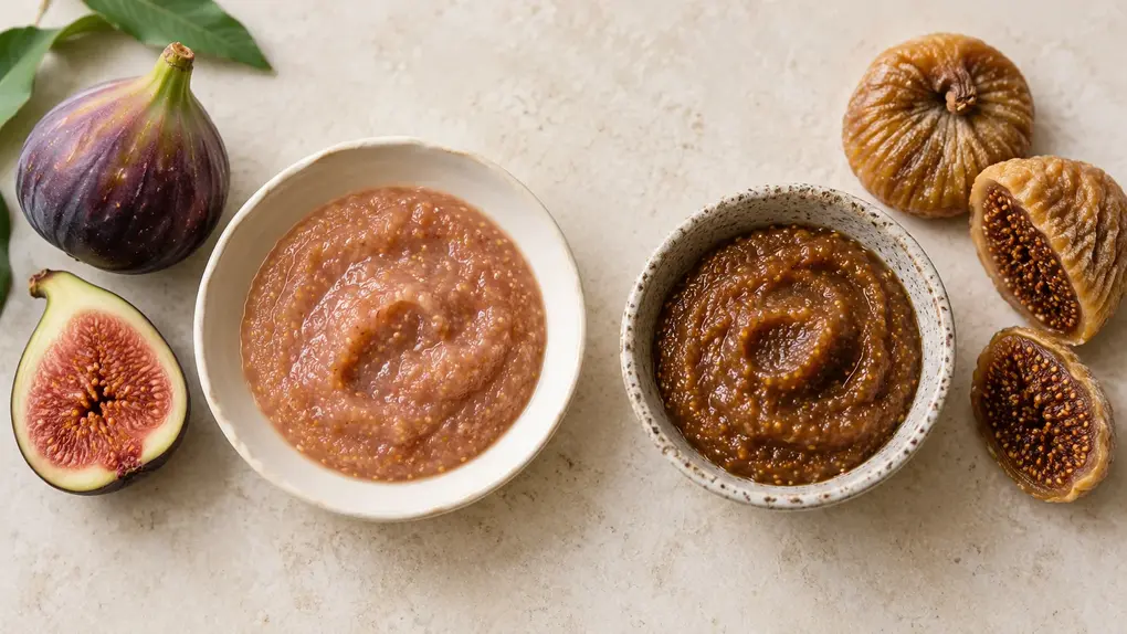 Fresh and dried fig puree for baby in cream and speckled bowls, with fresh figs and dried figs beside their matching purees.