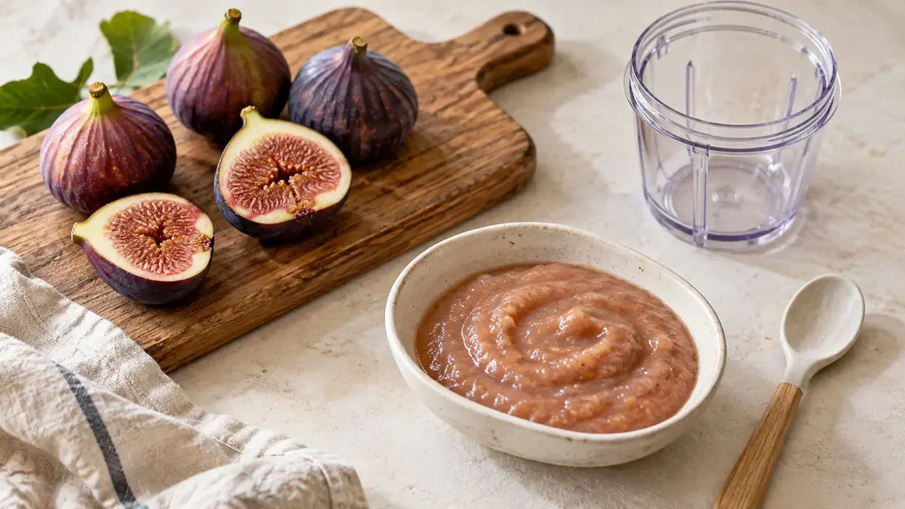Fresh fig puree for baby in a ceramic bowl beside ripe figs on a wooden board, an empty blender cup and a baby spoon.