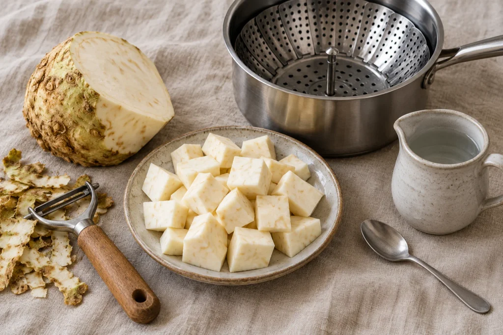 Ingredients for celery root puree for baby: cubed celery root, a steamer basket, peeler and water on a linen cloth.