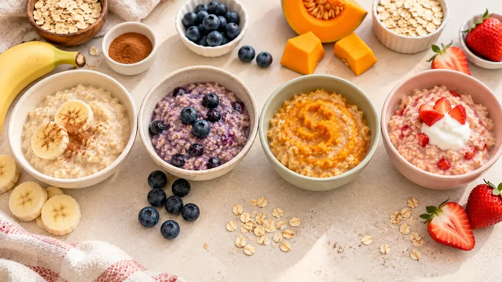 Four oatmeal for babies flavor combinations featuring banana cinnamon, mashed blueberry, pumpkin puree, and strawberry yogurt in ceramic bowls.