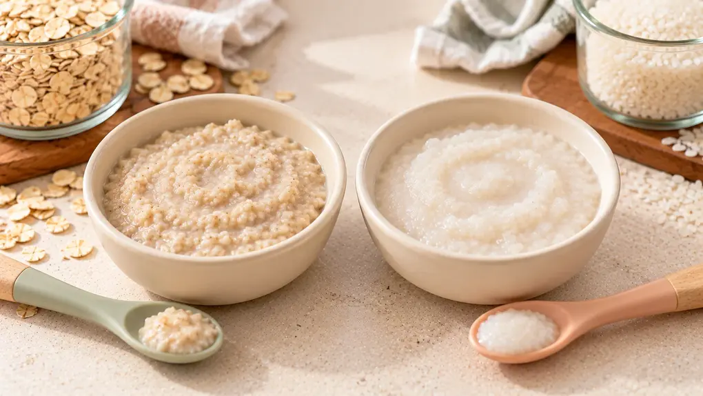 Oatmeal for babies vs rice cereal comparison showing two ceramic bowls of cooked oat porridge and smooth rice cereal with baby spoons.