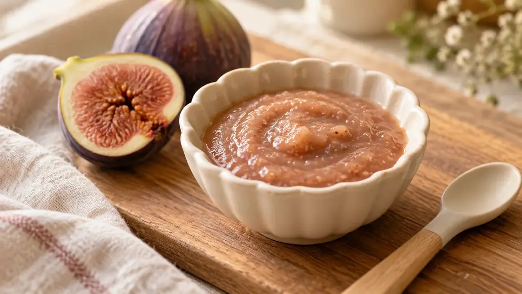 Fresh fig puree for baby in a cream scalloped bowl, with a halved ripe fig and baby spoon on a wooden board.