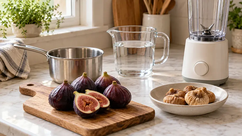 Fresh and dried figs for making fig puree for baby, with a saucepan, water jug and compact blender on a kitchen counter.