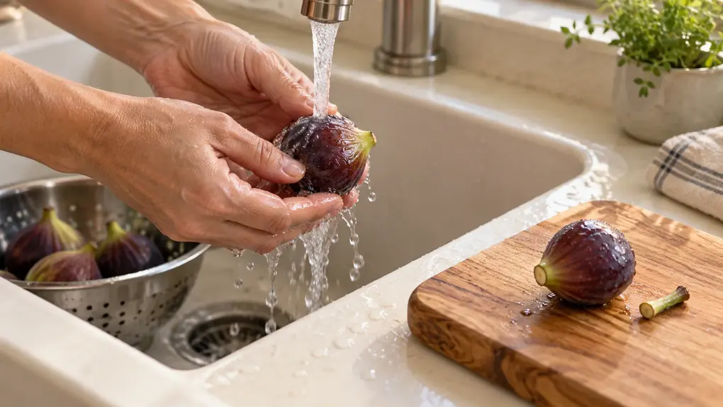 Adult rinsing fresh figs under running water to prepare fig puree for baby, with a stem-trimmed fig on a wooden board.