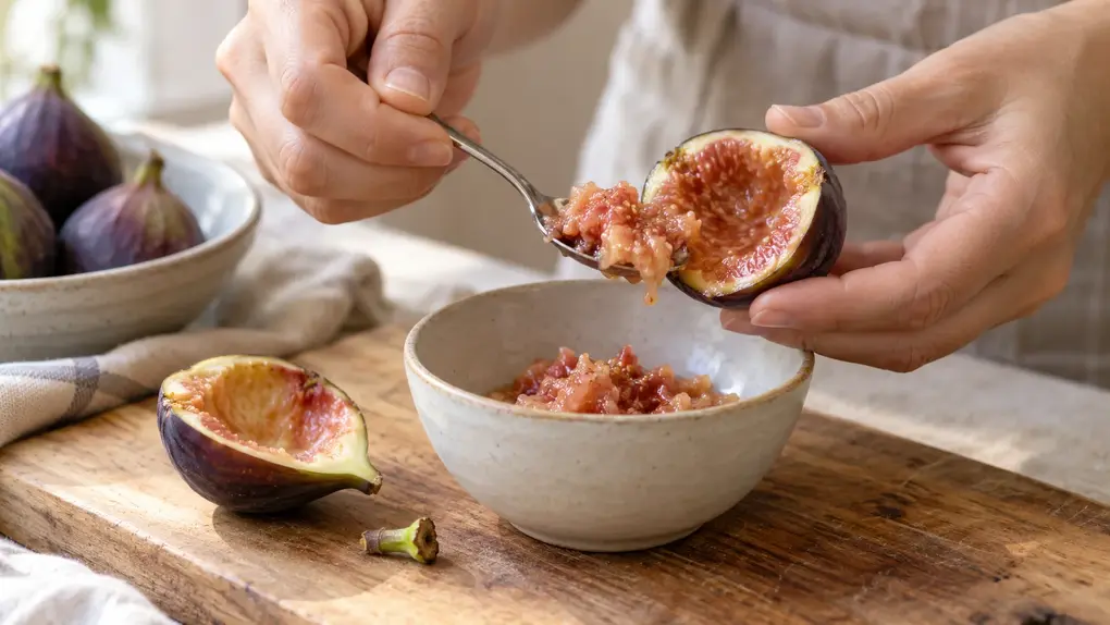 Adult scooping soft fresh fig flesh into a ceramic bowl to make fig puree for baby, with fig skin and a trimmed stem on the board.