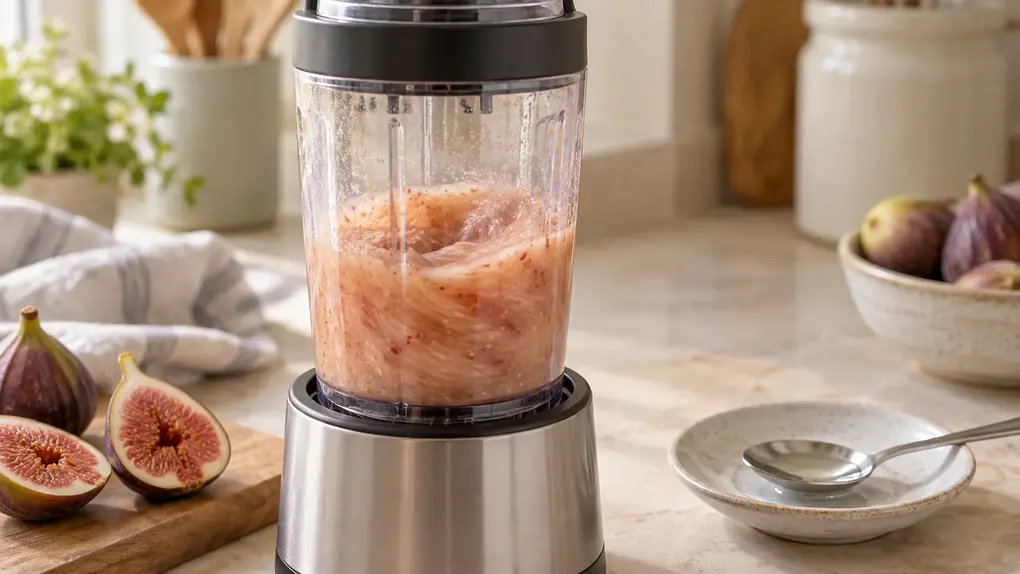 Fresh fig puree for baby blending in a compact blender with a secured lid, beside halved figs and a teaspoon of water.