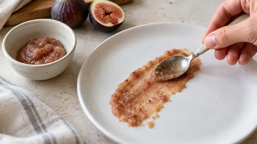 Adult spreading fig puree for baby on a white plate with a spoon to check its texture, with a separate feeding bowl nearby.