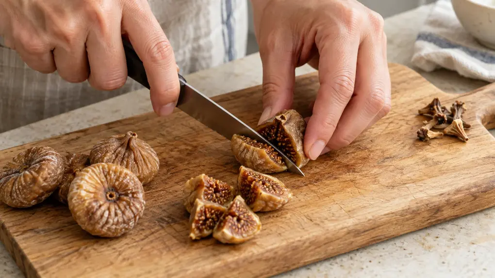 Adult cutting dried figs into quarters to prepare fig puree for baby, with trimmed stems set separately on a wooden board.