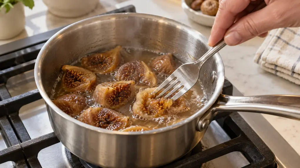 Dried figs simmering in a saucepan for fig puree for baby, with an adult pressing a softened piece with a fork to check tenderness.