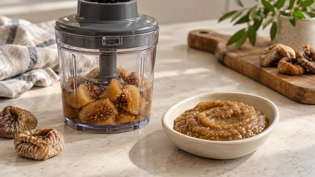 Cooked dried figs with cooking liquid in a lidded blender cup, beside finished fig puree for baby in a shallow ceramic bowl.