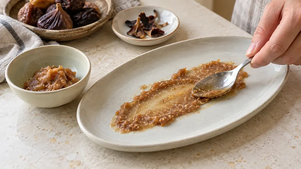Adult checking dried fig puree for baby on a pale plate with a spoon, with removed tough fragments kept separate from the feeding bowl.