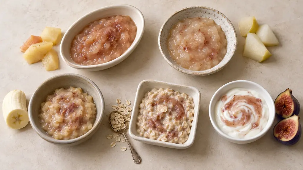 Five fig puree for baby combinations with apple, pear, banana, oatmeal and plain yogurt in small dishes, with matching ingredients beside them.