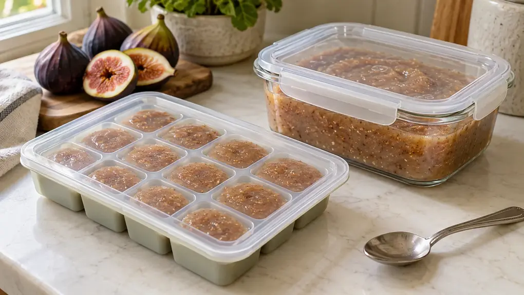 Covered freezer tray of small fig purée portions beside a sealed glass container and clean spoon on a warm ivory kitchen counter.