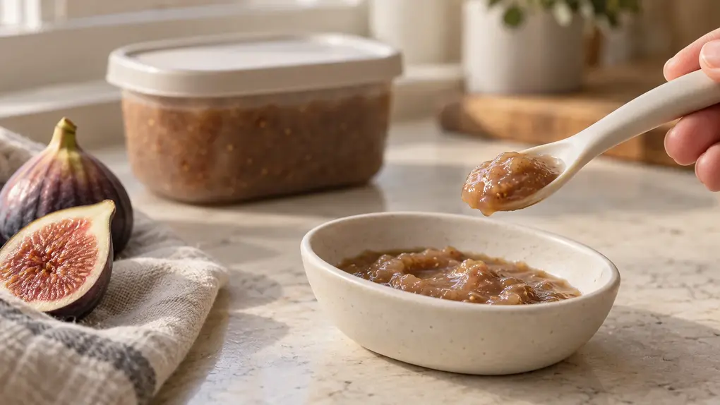 Baby spoon holding a small taste of fig purée above a shallow feeding bowl, with a separate covered batch container in the background.