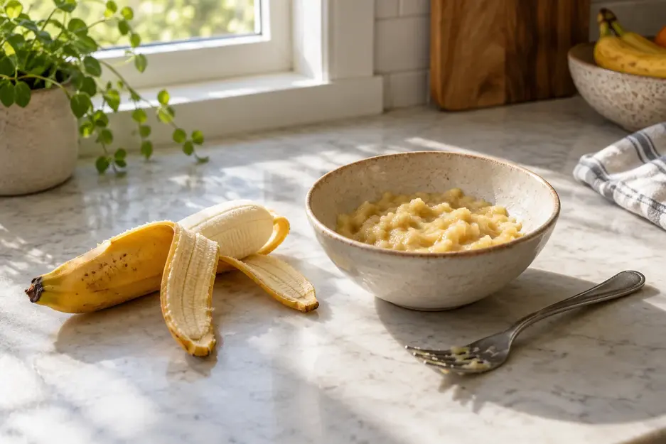 Banana puree for baby in a ceramic bowl beside a partially peeled ripe banana and fork on a naturally lit kitchen counter.