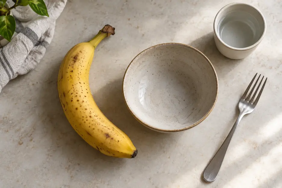 Ingredients and tools for banana puree for baby: a ripe banana, fork, empty stoneware bowl and small cup of water on a pale countertop.