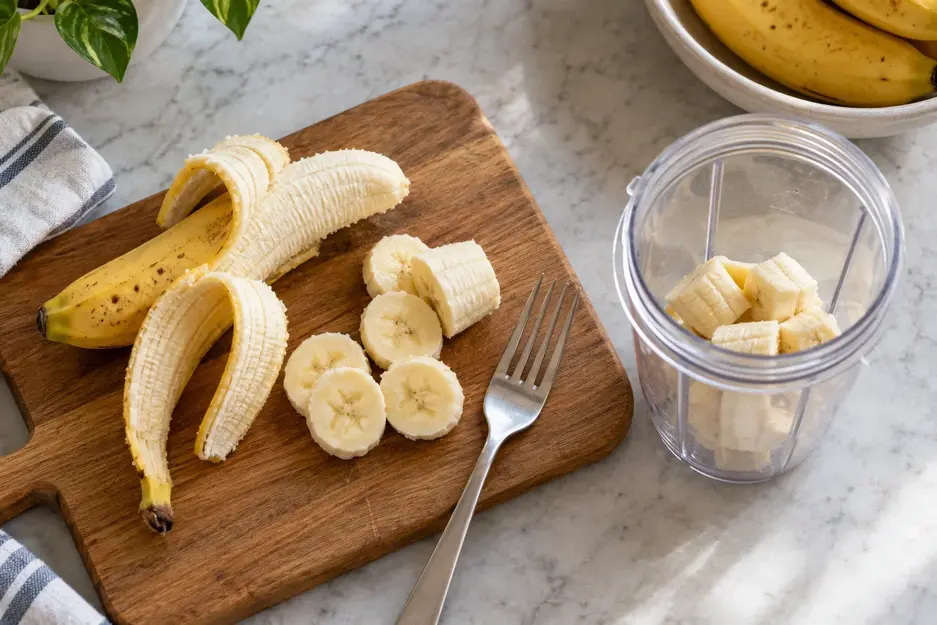 Peeled banana pieces beside a fork and small blender cup, showing two preparation options for homemade banana puree for baby.