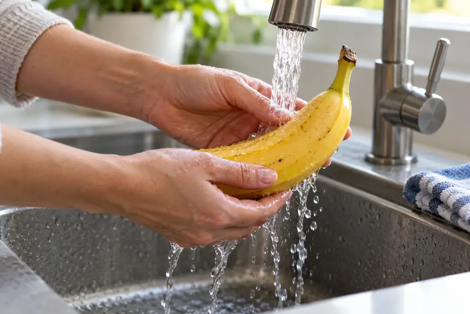 Adult hands rinsing a ripe, unpeeled banana under running water before preparing banana puree for baby, with a clean towel beside the sink.