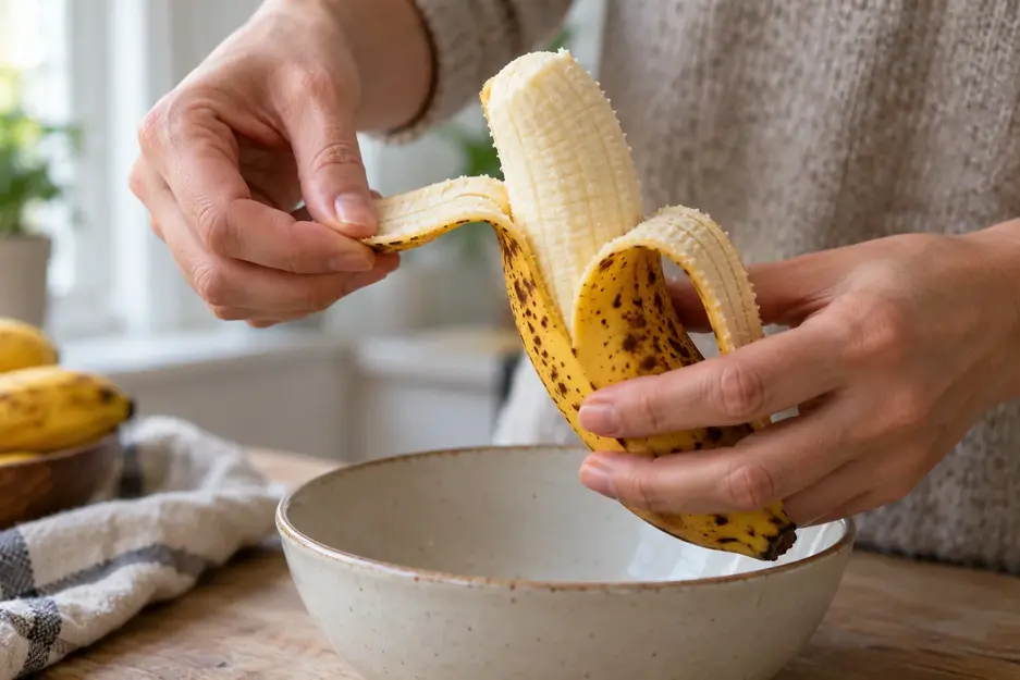 Adult hands peeling a ripe, speckled banana above a ceramic bowl to prepare homemade banana puree for baby.