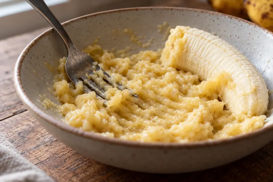 Fork mashing ripe banana in a shallow ceramic bowl to make banana puree for baby, showing soft texture and visible fork marks.