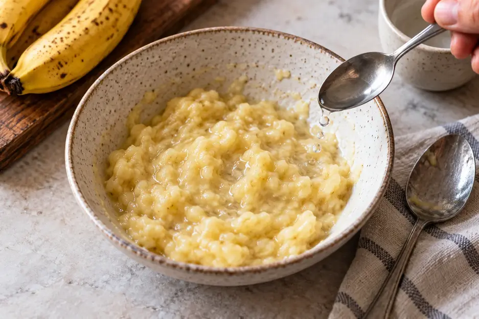 A spoon adding water drops to banana puree for baby in a speckled bowl, with a second spoon beside it for stirring.
/