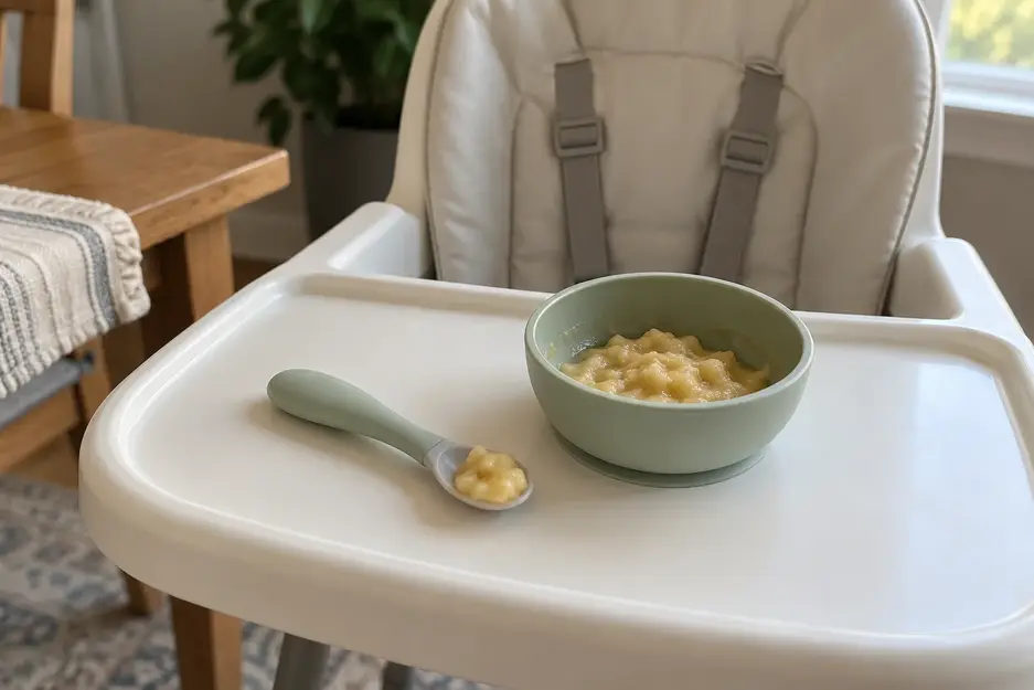 Banana puree for baby in a sage feeding bowl beside a preloaded infant spoon on a clean white high-chair tray.
