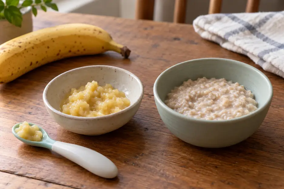 Banana puree for baby beside cooked oatmeal in separate ceramic bowls, with a preloaded infant spoon on a wooden table.