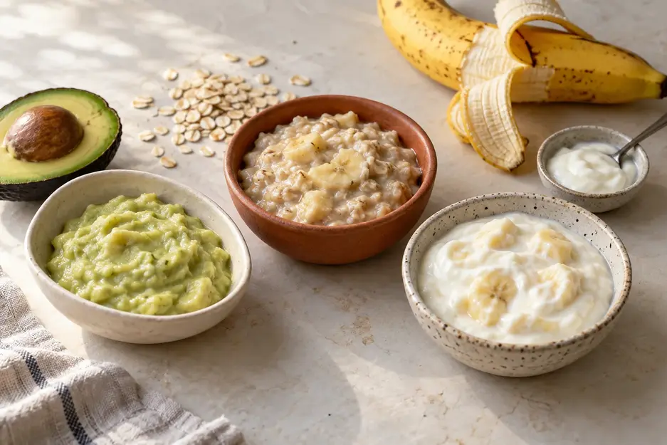 Banana puree for baby combinations with avocado, oatmeal and yogurt in ceramic bowls, with banana, avocado and oats nearby.