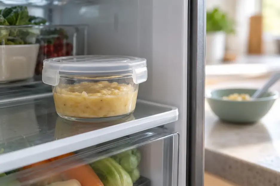 Banana puree for baby in a sealed glass container on a refrigerator shelf, with a feeding bowl softly blurred on the counter outside.