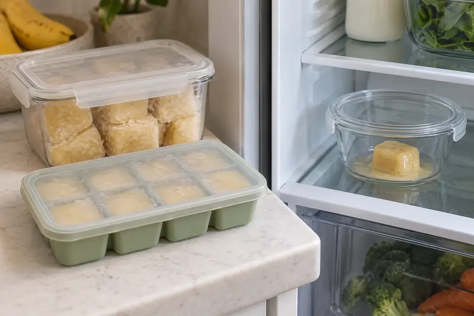 Frozen banana puree for baby in a covered silicone tray and airtight container, with one cube thawing in a covered dish in the fridge.