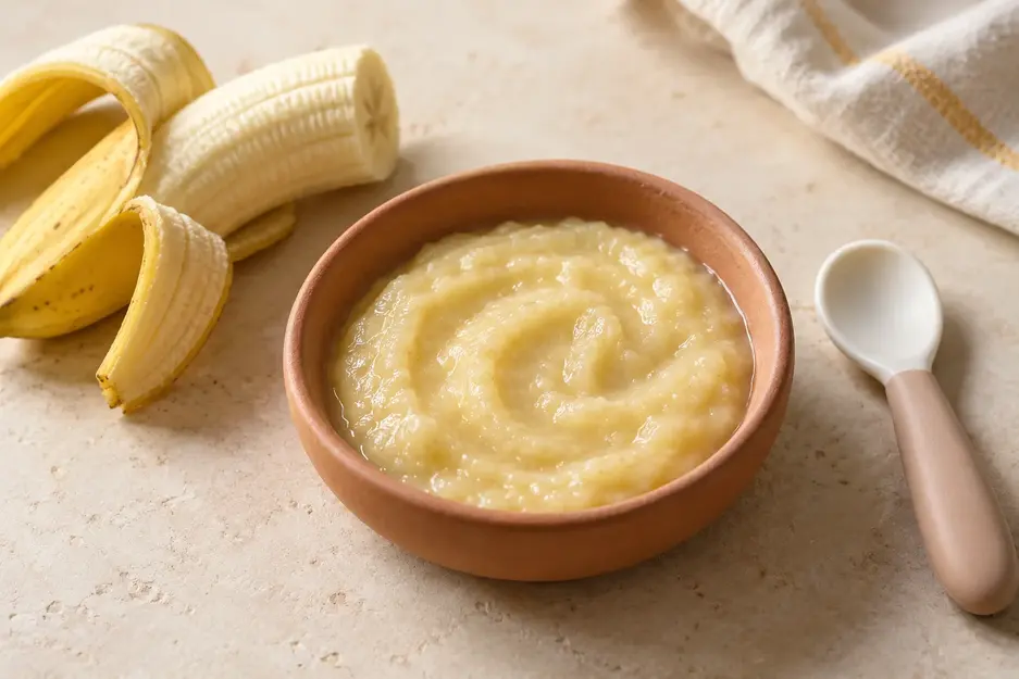 Creamy banana puree for baby in a terracotta bowl beside a clean infant spoon and half a peeled banana on a warm ivory countertop.