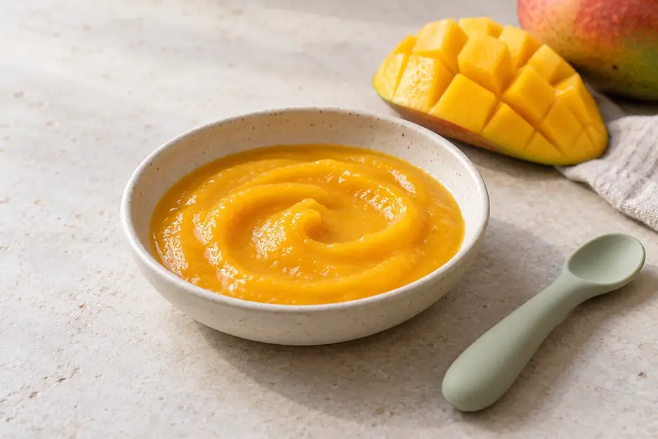 Golden mango puree for baby in an ivory bowl with a silicone spoon and freshly cut ripe mango on a pale stone surface.