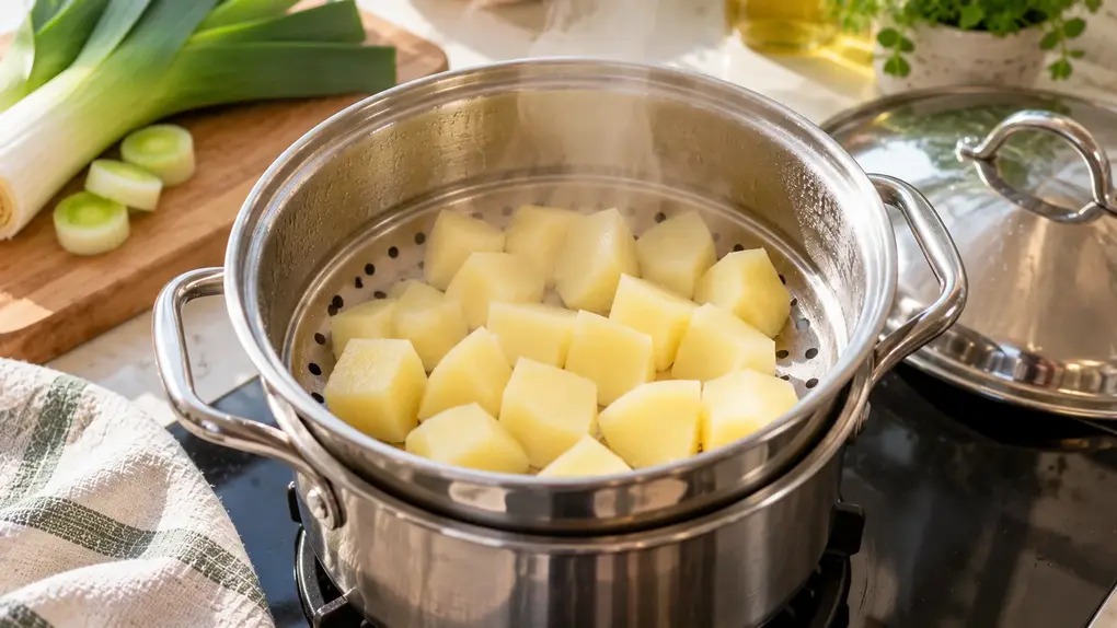 Potato cubes steaming in a stainless-steel basket for leek puree for baby, an easy homemade baby food recipe made with leek and potato.
