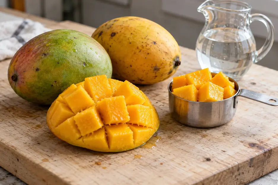 Ingredients for mango puree for baby: two mangoes with different skin colors, a cut mango, diced mango in a measuring cup and a water jug.