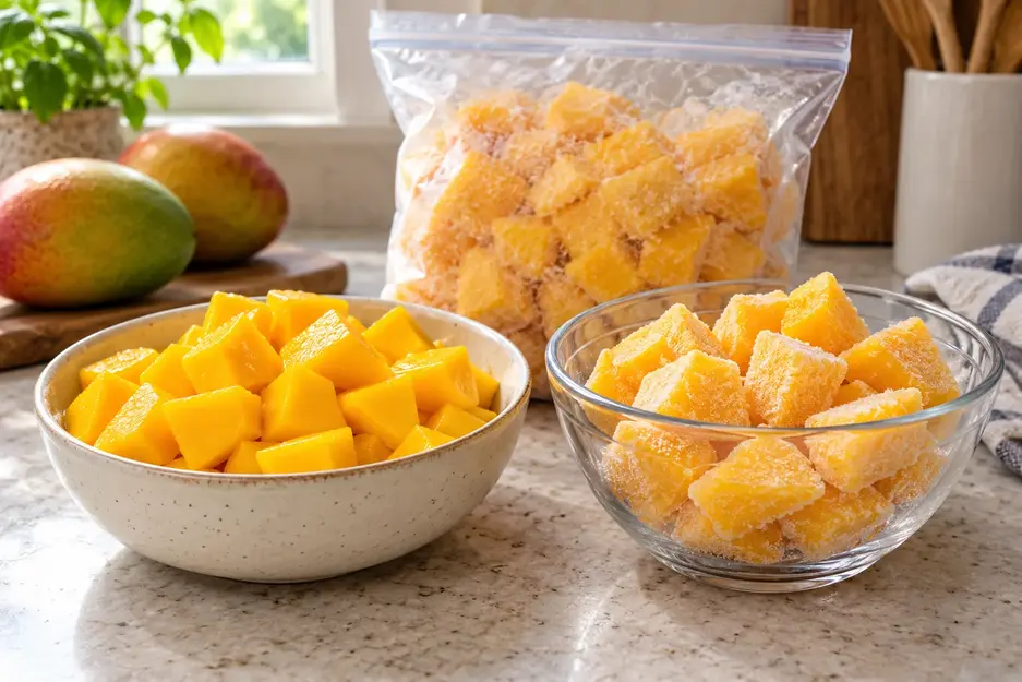 Fresh diced mango and frosty frozen chunks side by side for making mango puree for baby, with an unbranded freezer bag behind them.