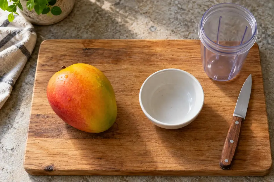 Equipment for making mango puree for baby: wooden cutting board, small knife, empty blender cup, ceramic bowl and one whole mango.
