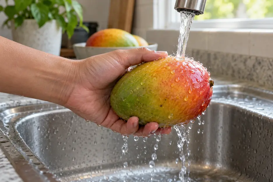 An adult hand rinses a whole ripe mango under running water in a clean kitchen sink before preparing mango puree for baby.