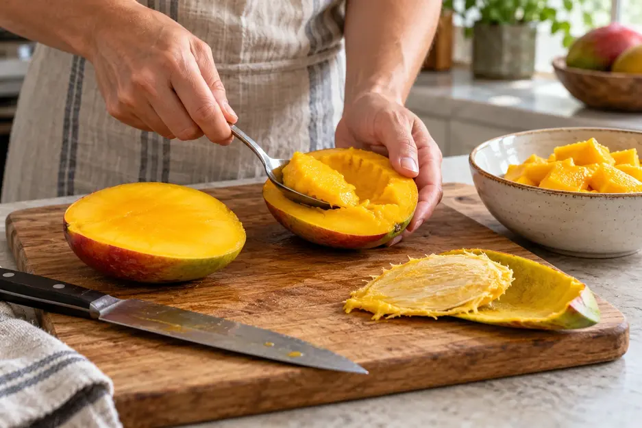 An adult scoops ripe mango flesh with a spoon to make mango puree for baby, with the skin and pit separated on a wooden board.
